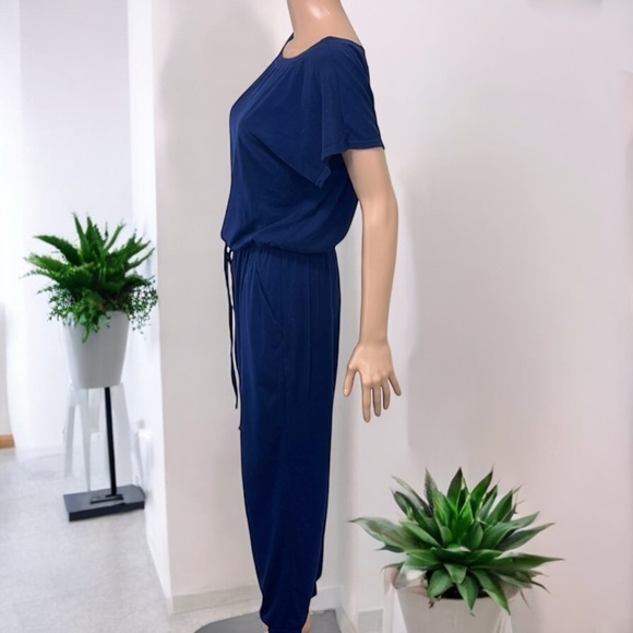 Women's Navy Blue Casual Wide-Neck Elastic Waist Stretch Long Romper Jumpsuit - Picture 14 of 16